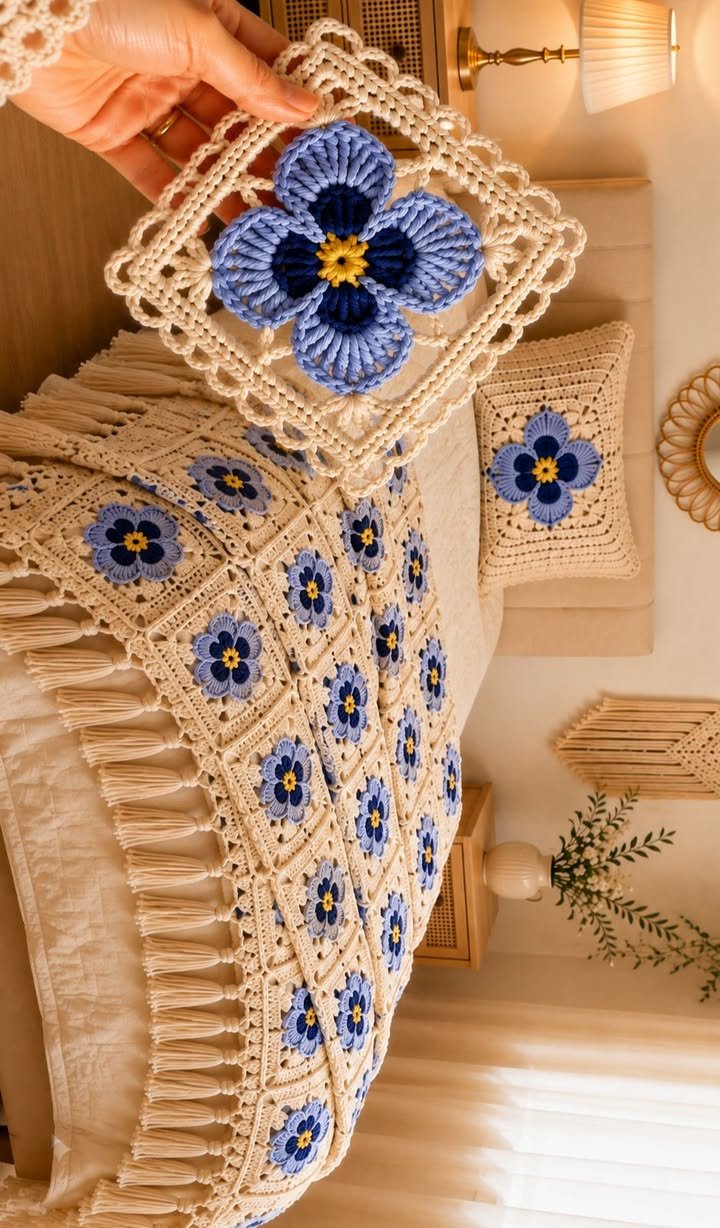 Blue Flower Crochet Granny Square Blanket – Detailed Step-by-Step Pattern