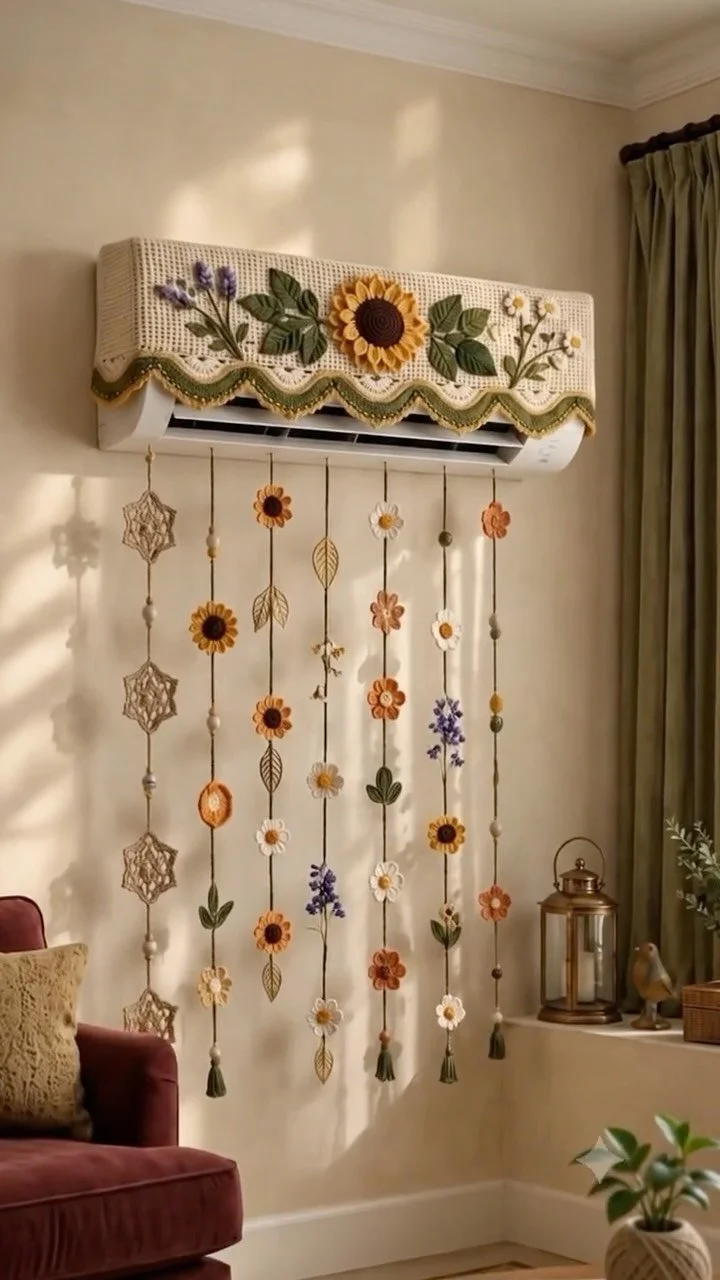 Crochet air-conditioner cover adorned with sunflowers and daisies.