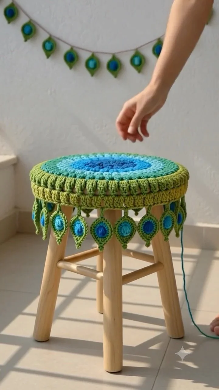 Elegant crochet decor piece in vibrant peacock colors for home styling