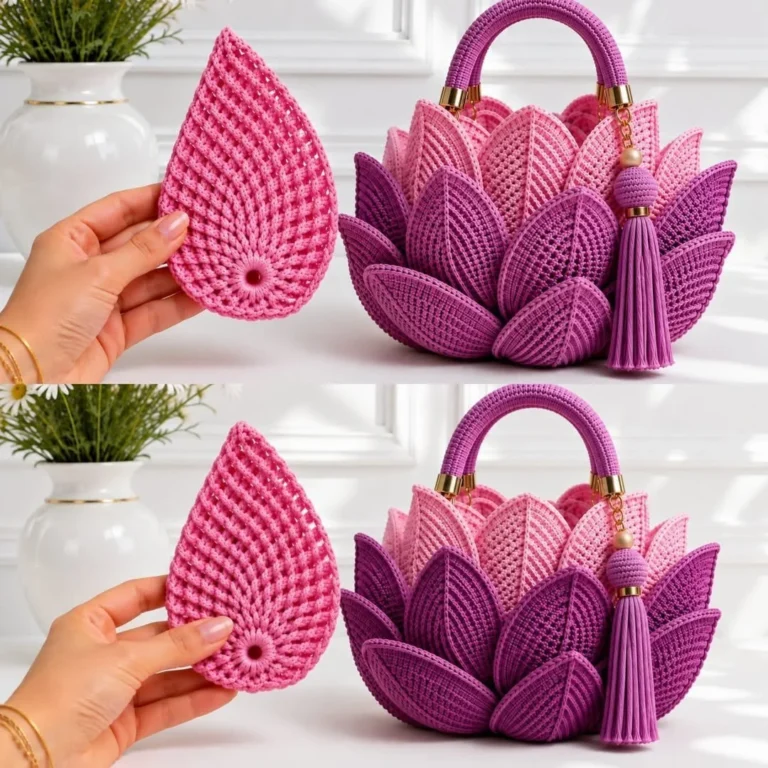 Elegant crochet lotus flower and leaf bag, a stylish accessory for any occasion.
