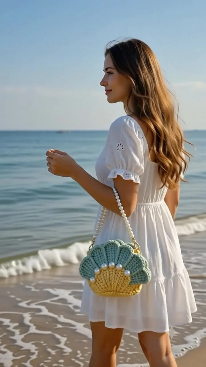 Handmade crochet seashell bag, ocean-themed accessory for summer