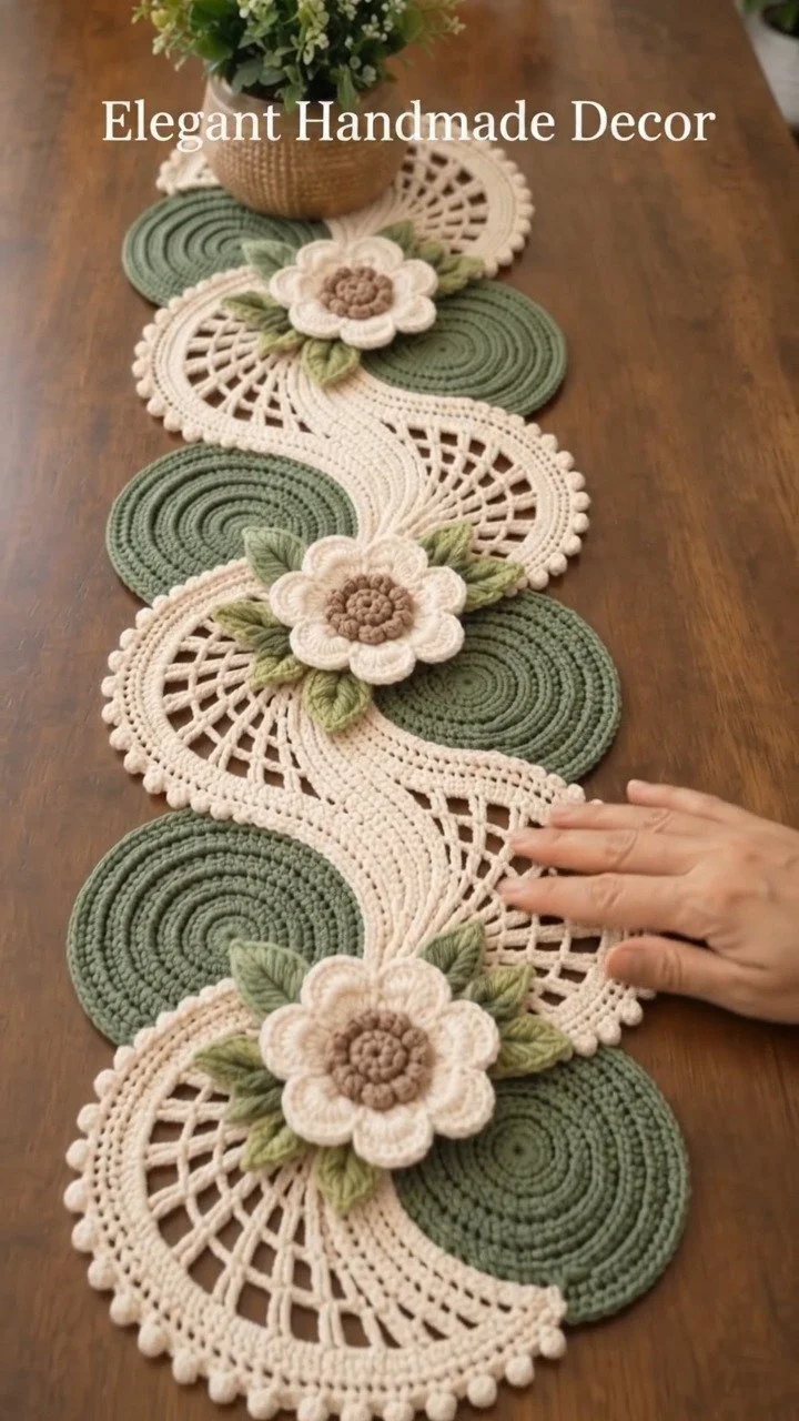 Floral crochet table runner featuring green motifs and cream lace panels.