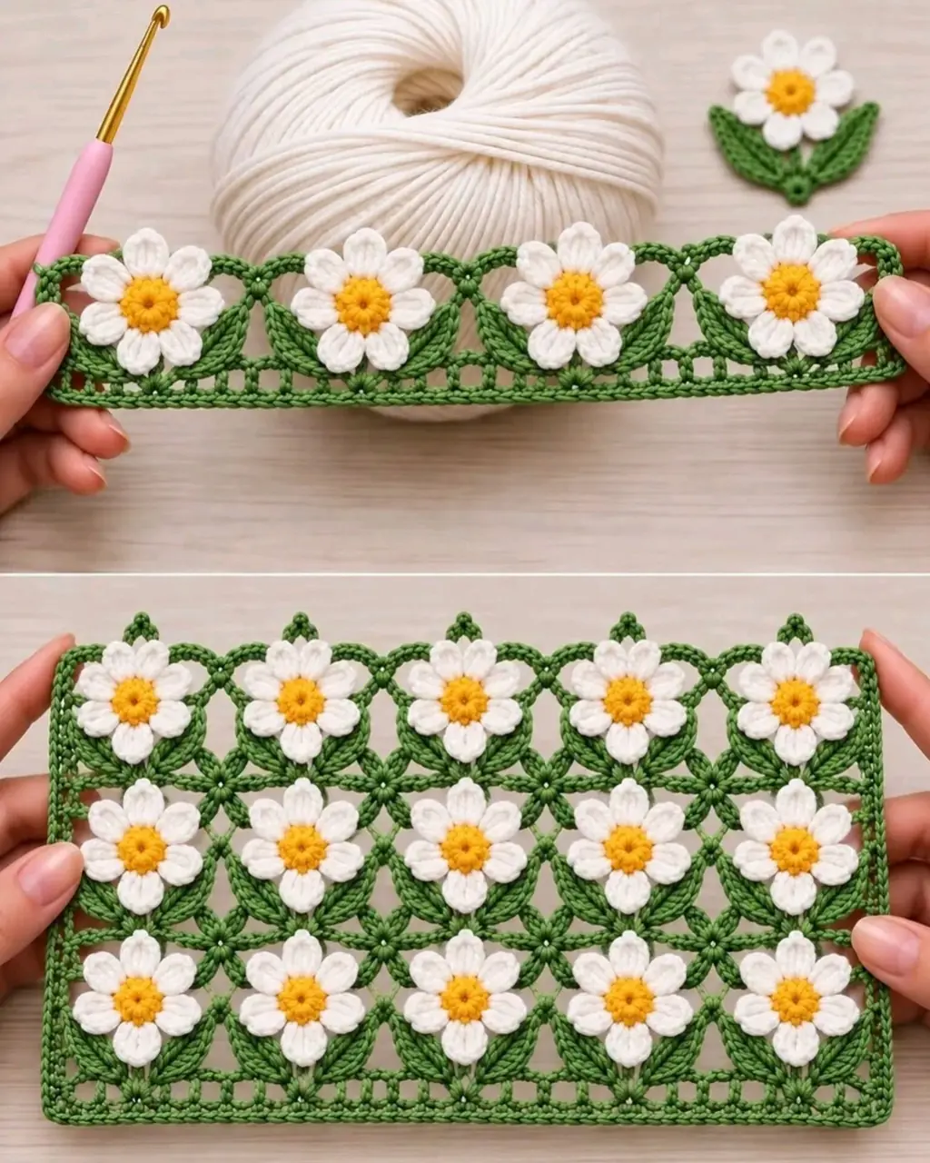 Daisy and Leaf Crochet Band in white, gold and green