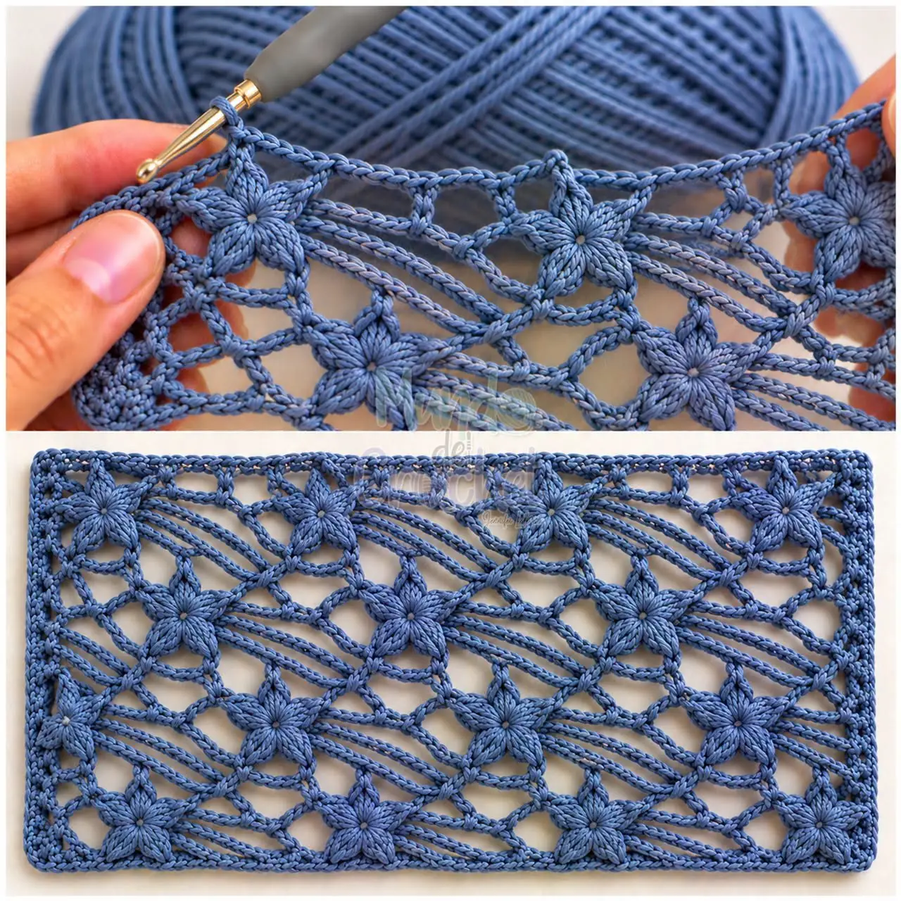Denim Flower-Net Lace Sample in denim blue