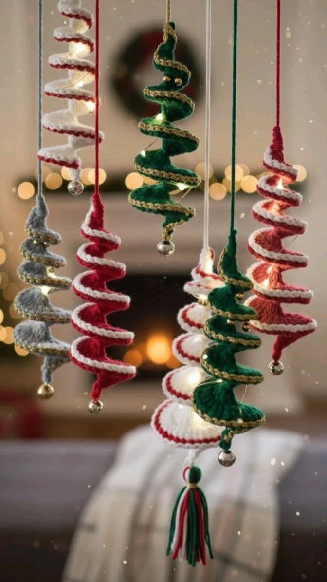 Spiral Christmas Tree Ornaments in green, red, ivory and gold