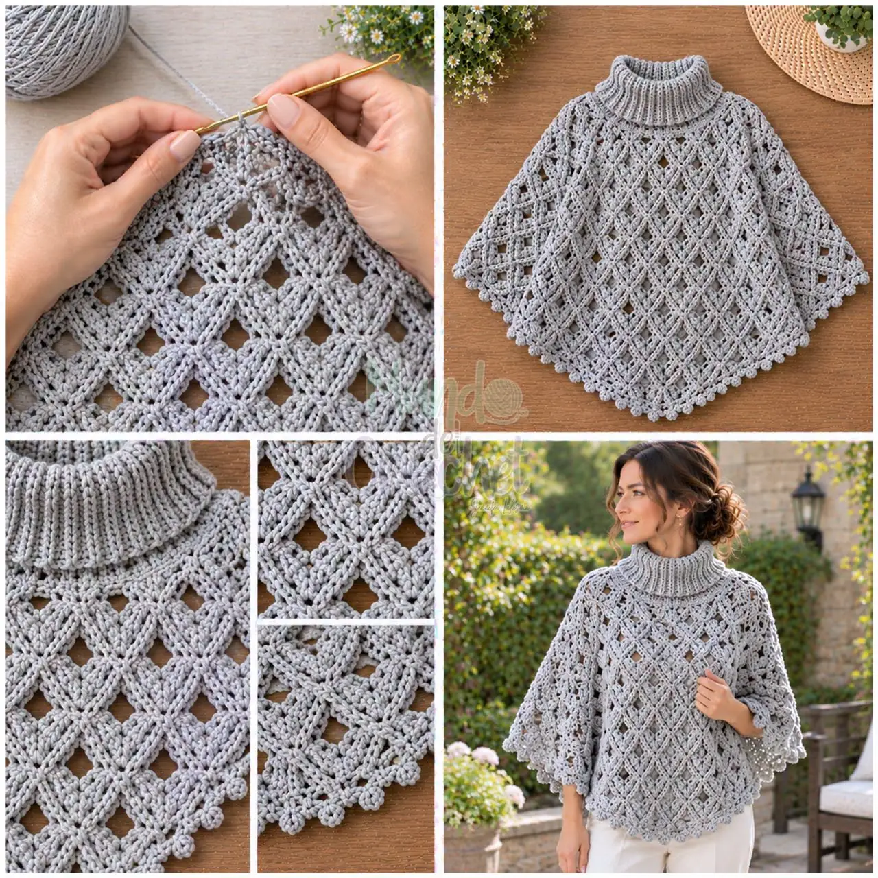 Gray Diamond-Mesh Poncho in gray