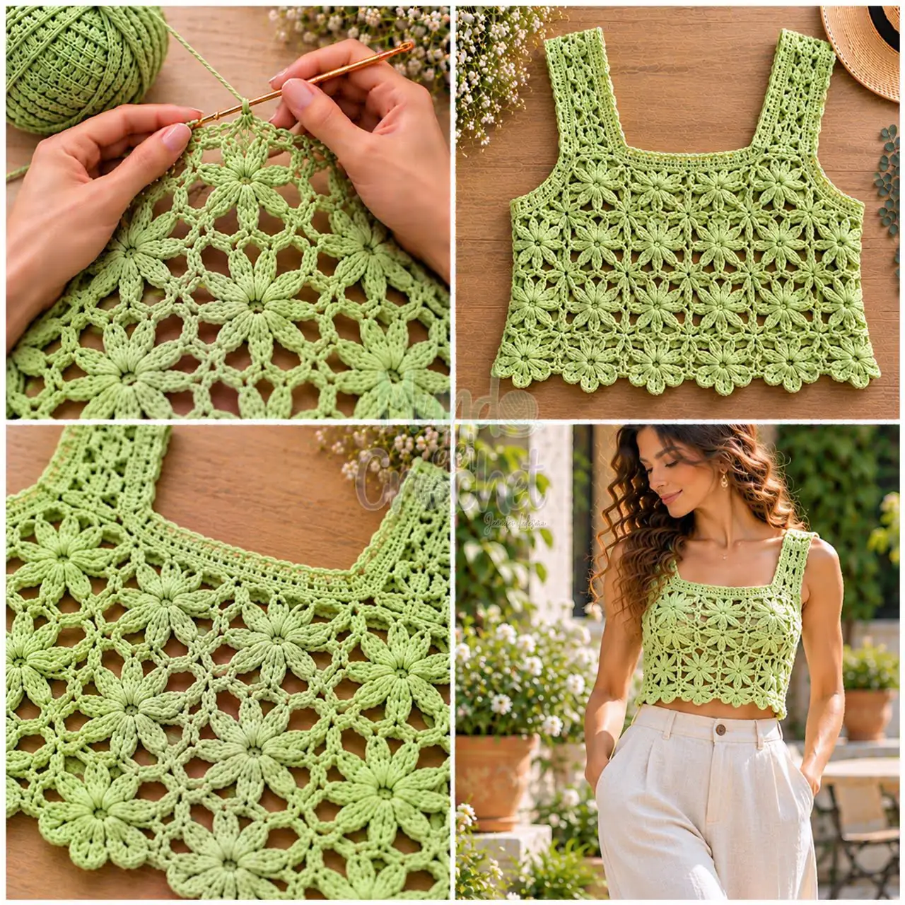 Green Floral Mesh Crop Top in spring green