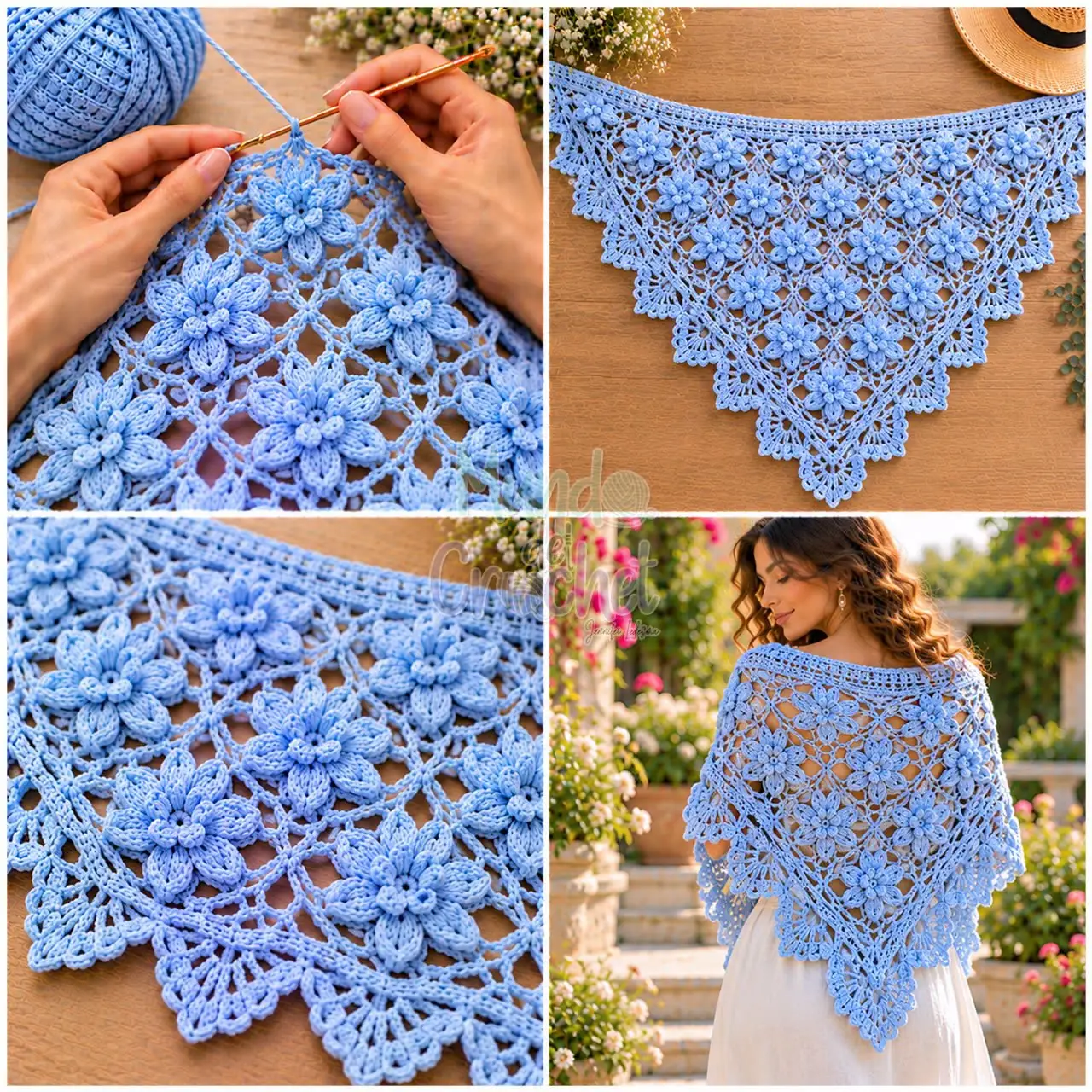 Blue Floral Triangle Shawl in sky blue