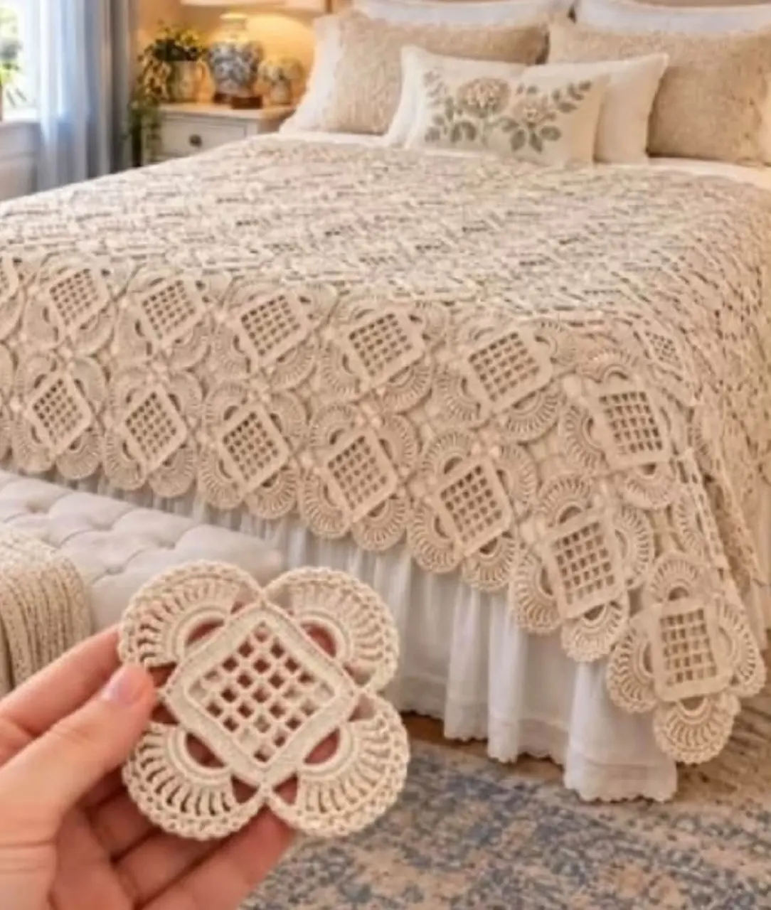 Ivory Petal and Filet Bedspread in ivory