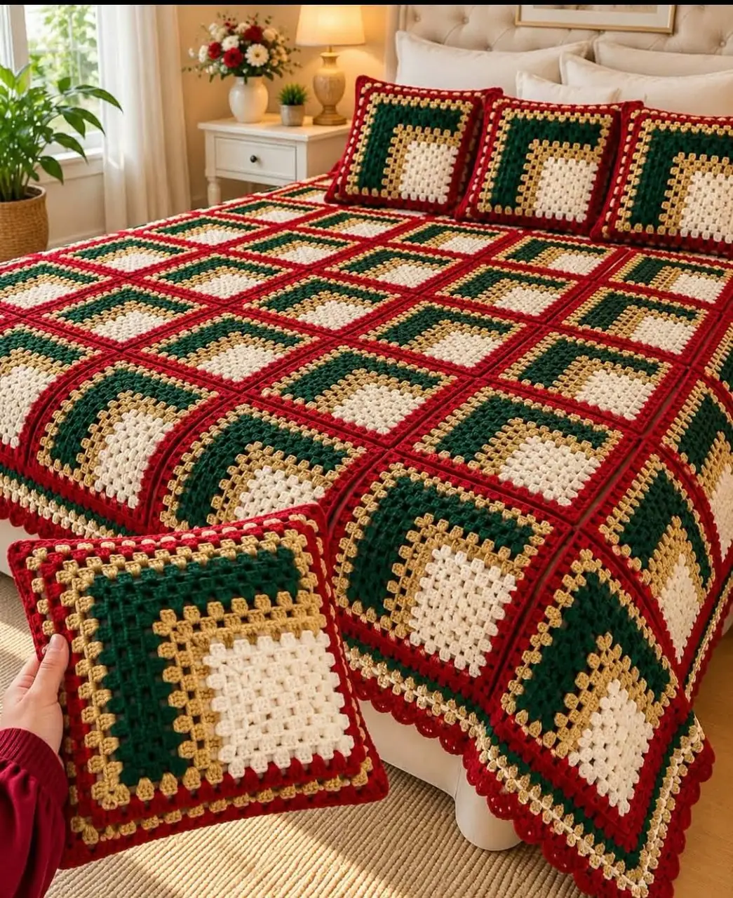 Red, Green and Gold Granny Cover in red, forest green, gold and ivory