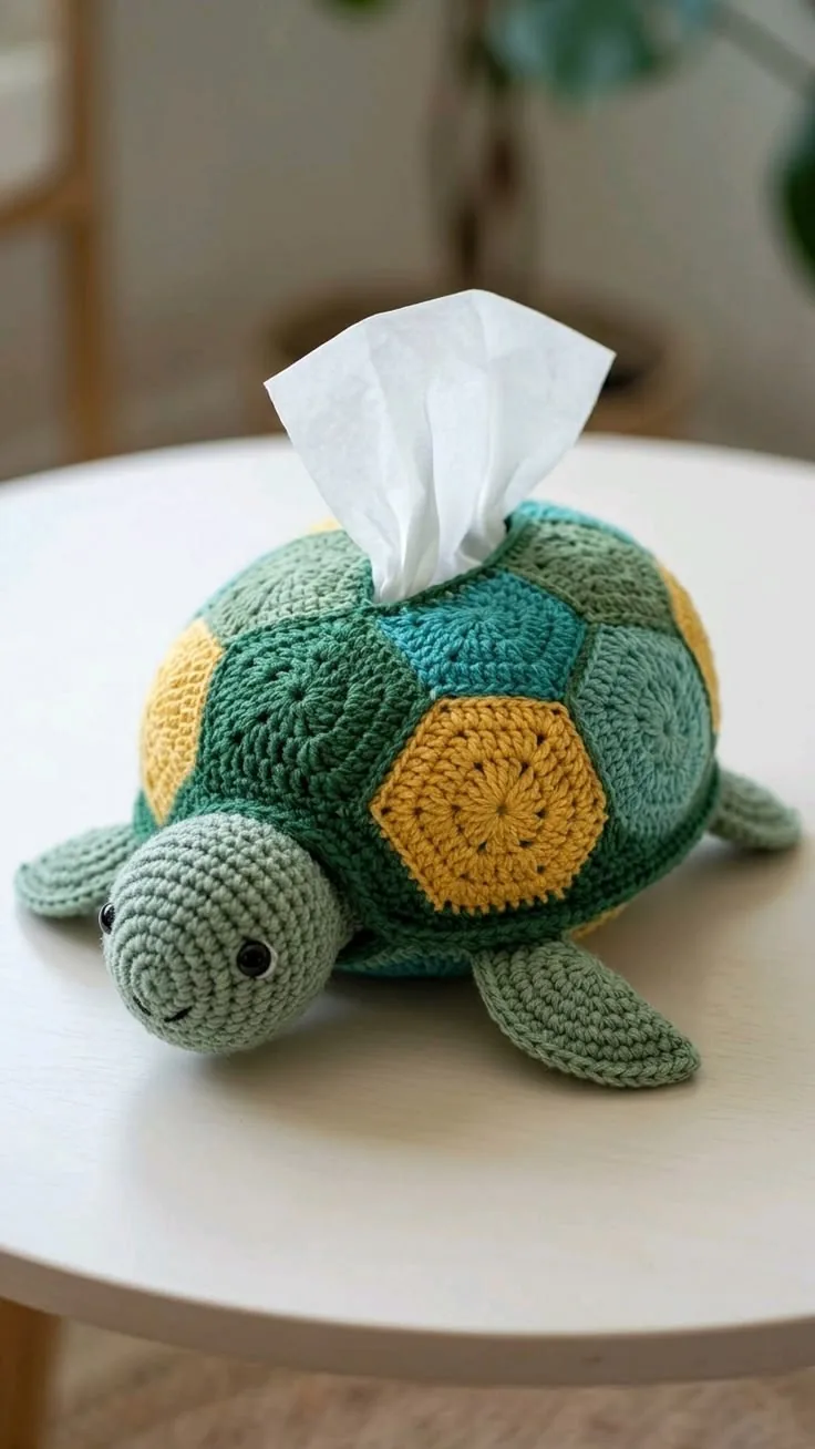 Turtle Tissue-Box Cover in sage, teal and gold
