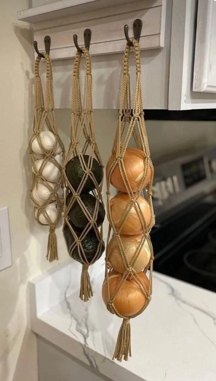 Hanging Onion Storage Nets in cream and olive