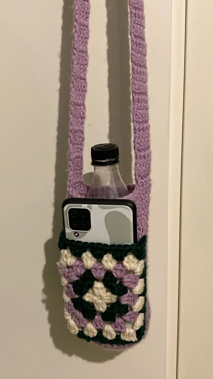 Granny Phone-and-Bottle Sling in black, sage, pink and cream