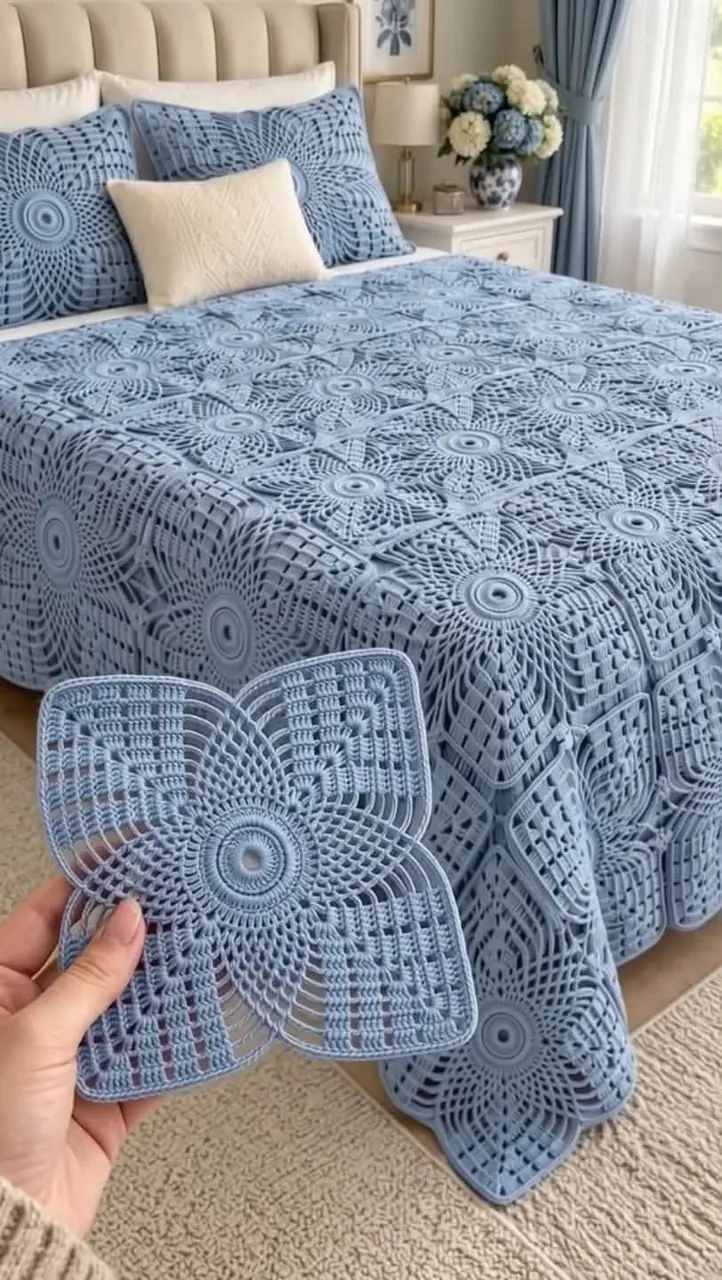 Blue Four-Petal Lace Bedspread in dusty blue