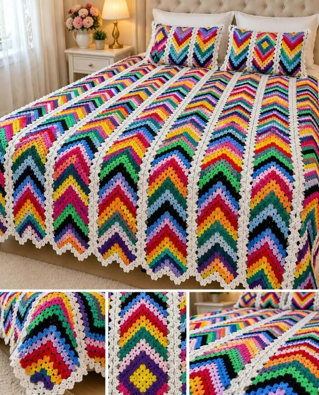 Rainbow Chevron Bedspread in red, orange, yellow, green, blue, purple, black and white
