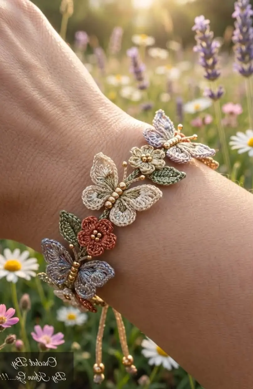 Delicate Botanical Flower Bracelet in cream, beige, sage, rust and gray