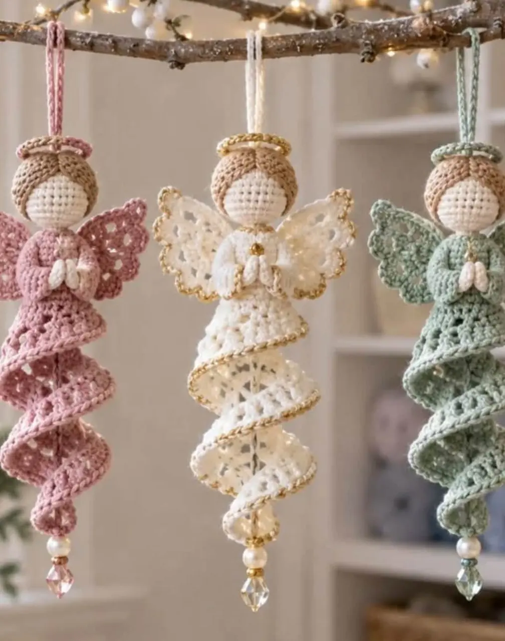 Pastel Spiral Angel Ornaments in cream, dusty rose, sage and gold