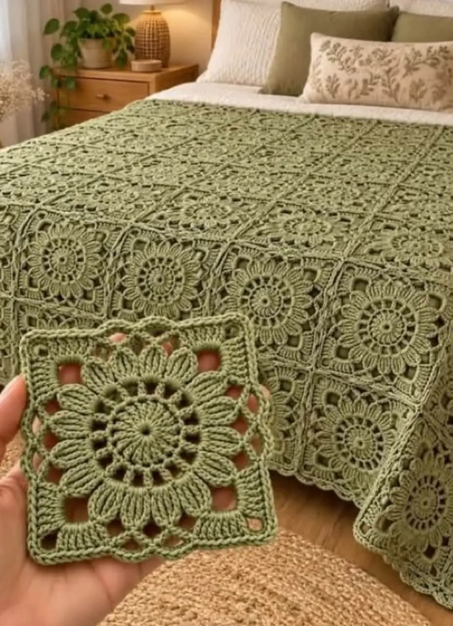 Olive Floral Lace Bedspread in olive green