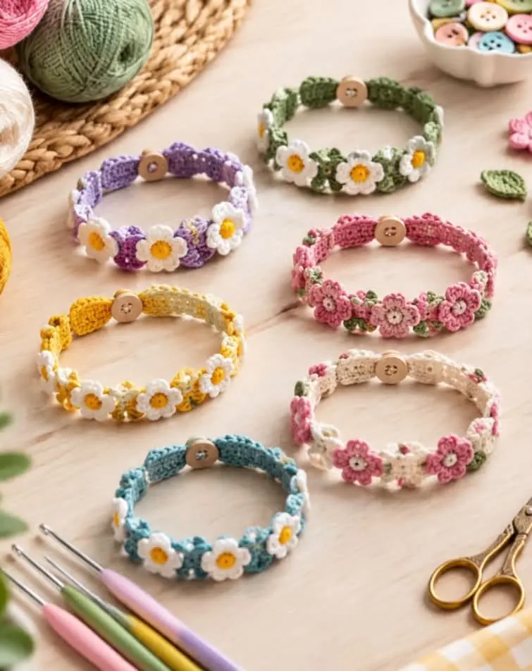 Colorful Daisy Bracelet Collection in pink, lilac, mustard, ivory, teal and green
