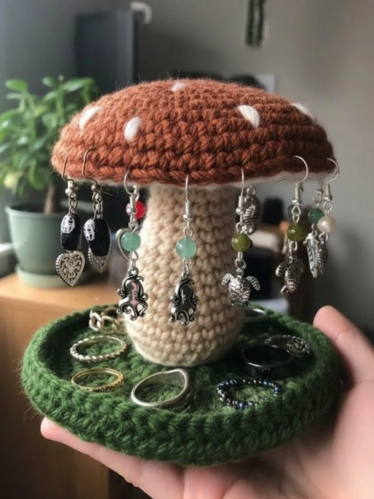 Mushroom Jewelry Display in rust, cream and green
