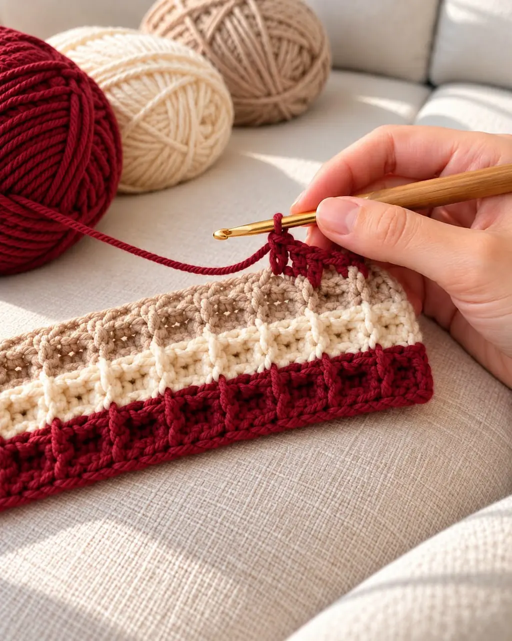Burgundy and Cream Waffle Stitch in burgundy and cream