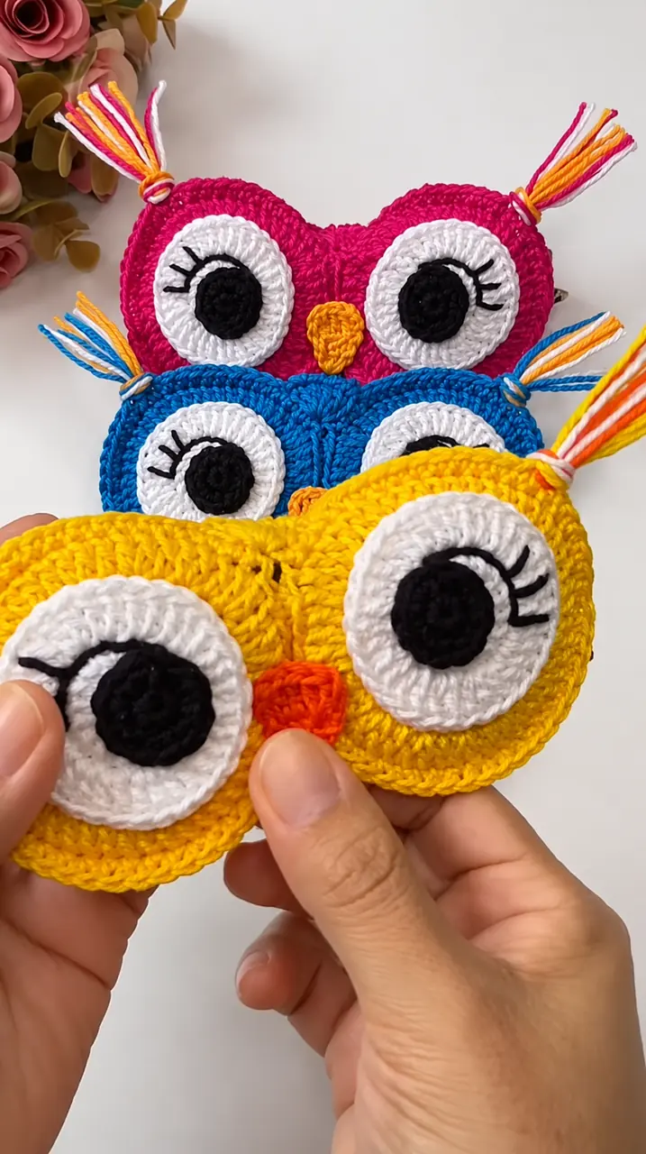 Bright Owl Motif Trio in pink, blue, yellow, white and black