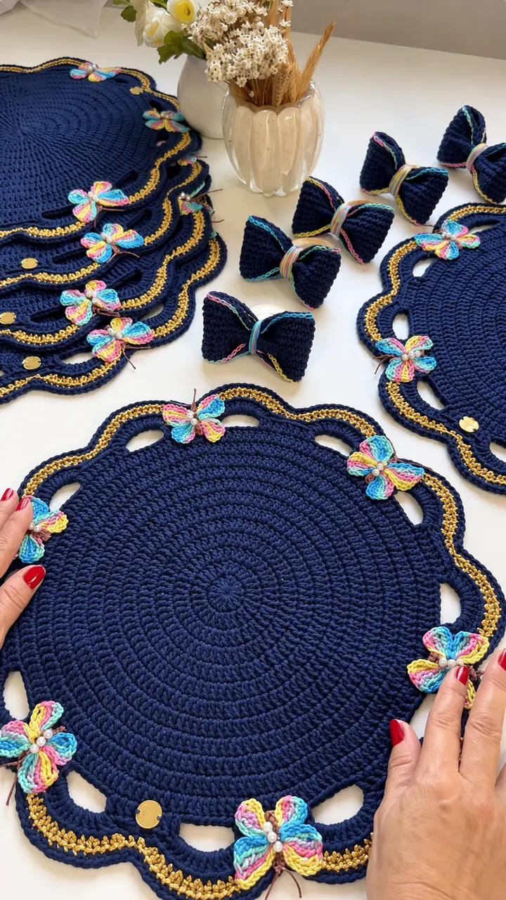 Navy Floral-Edge Placemat Set in navy, ivory, blue, gold and green