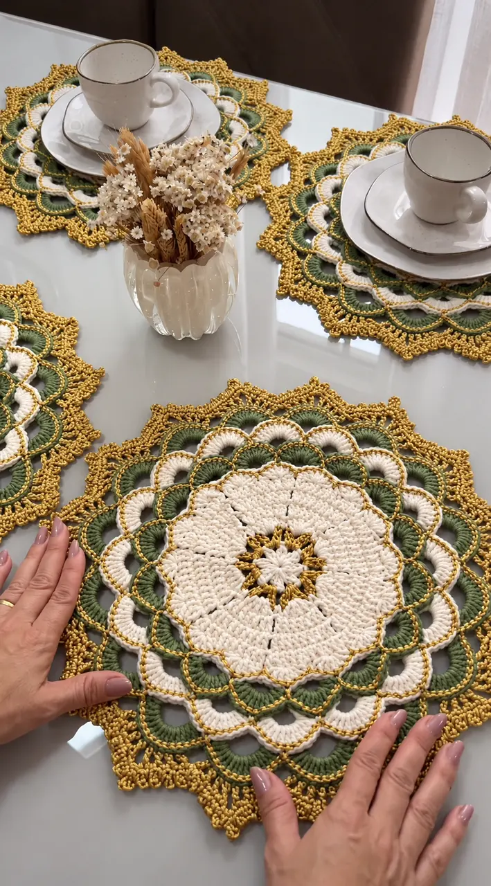 Ivory, Olive and Gold Lace Placemat in ivory, olive and gold