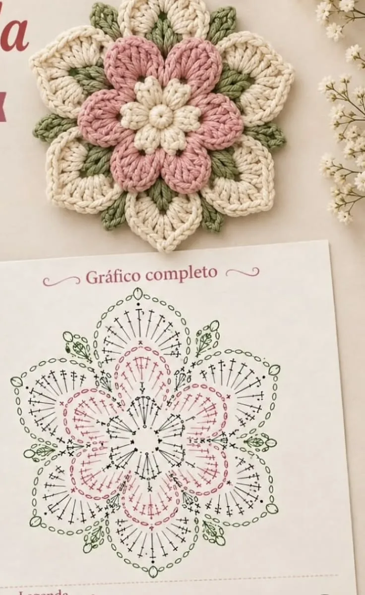 Layered Pink and Green Flower Motif in pink, cream and green