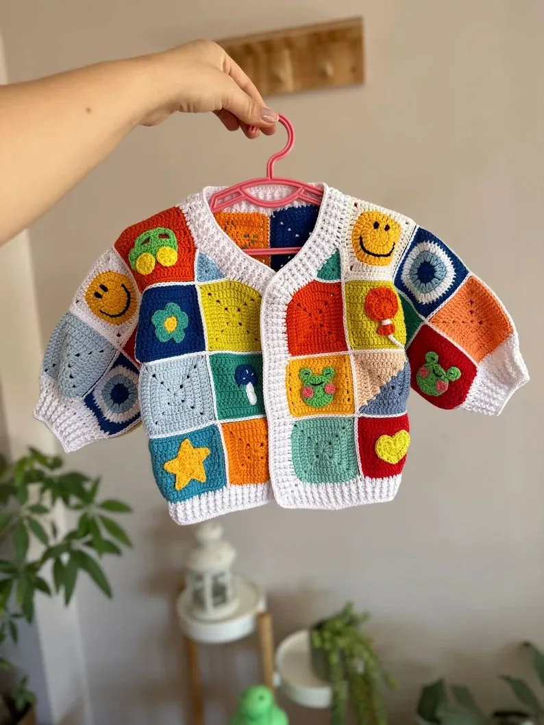 Colorful Applique Granny Cardigan in red, blue, gold, green and white