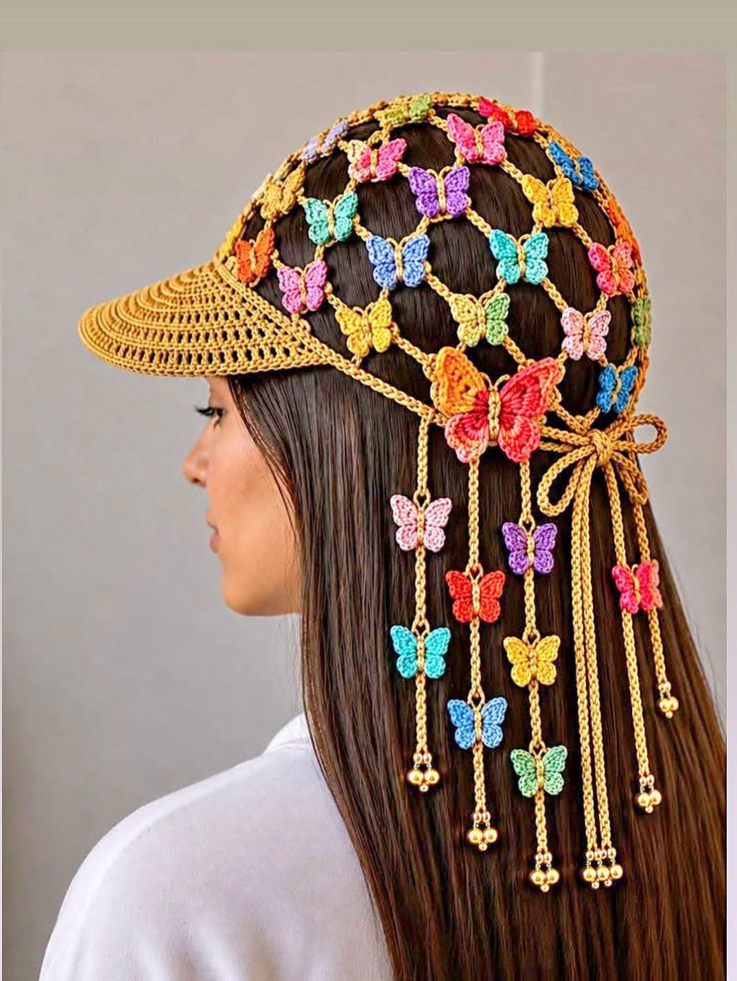 Flower-Net Cap with a Crochet Visor in black, yellow, pink, blue and green