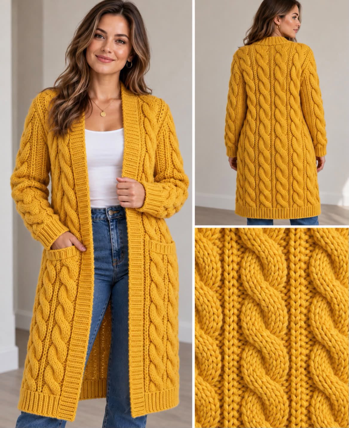 Mustard Cable-Inspired Long Cardigan in mustard