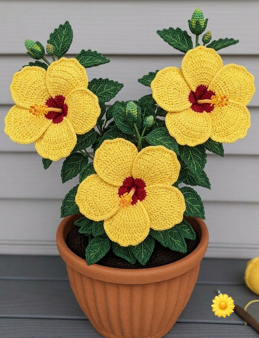 Yellow Hibiscus Pot in yellow, burgundy and green