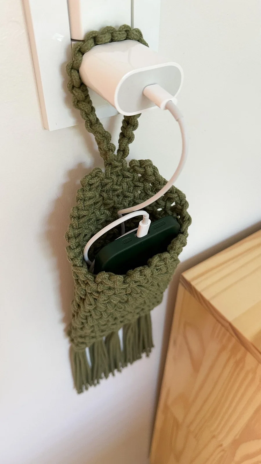 Fringed Phone Wall Pocket in sage