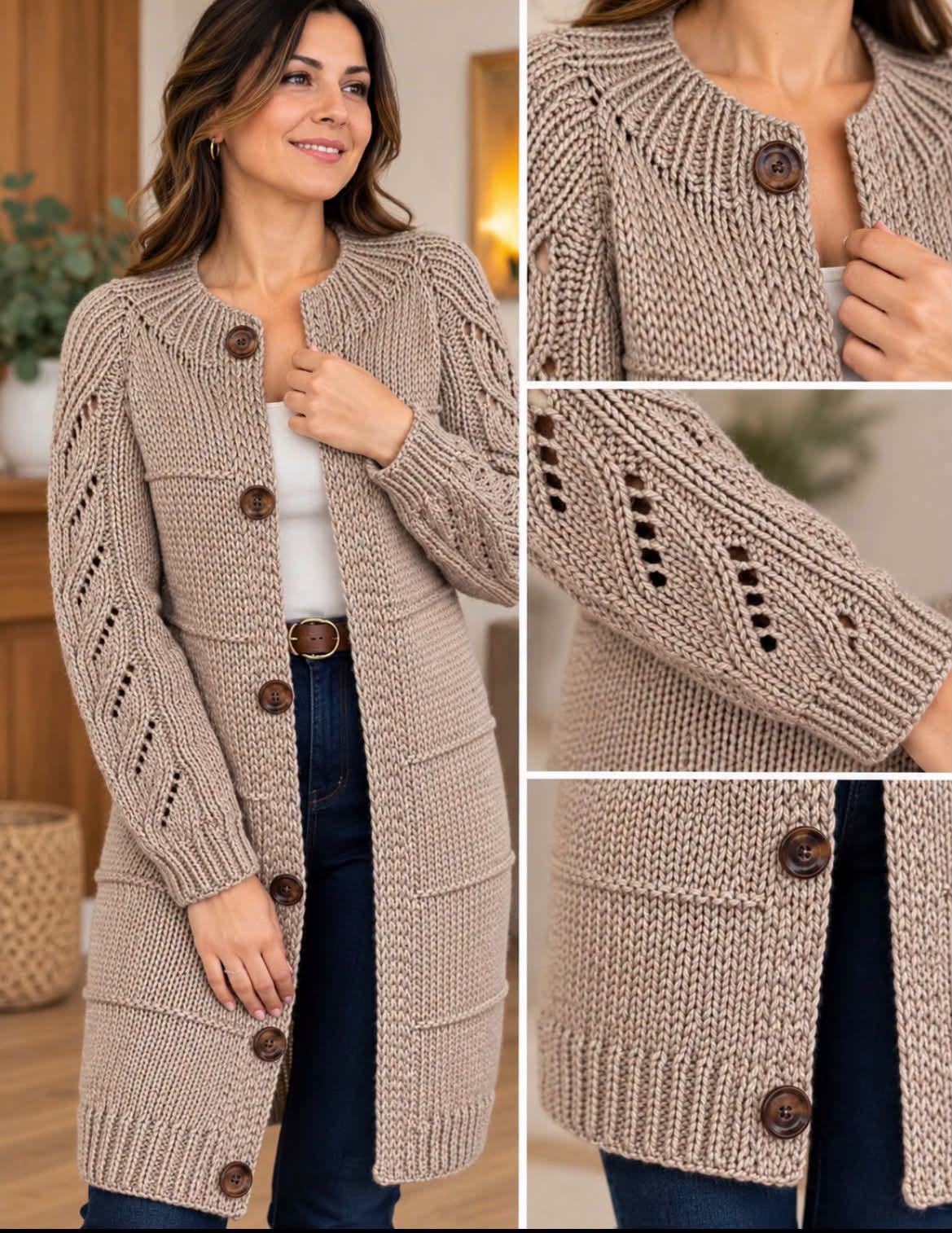 Oatmeal Long Cardigan — Crochet Adaptation in oatmeal