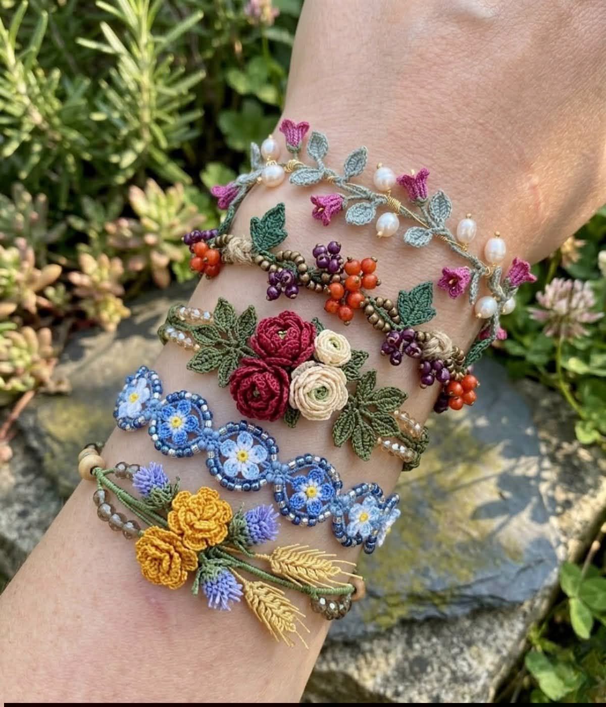 Botanical Crochet Bracelet Collection in pink, red, blue, cream, purple, gold and green