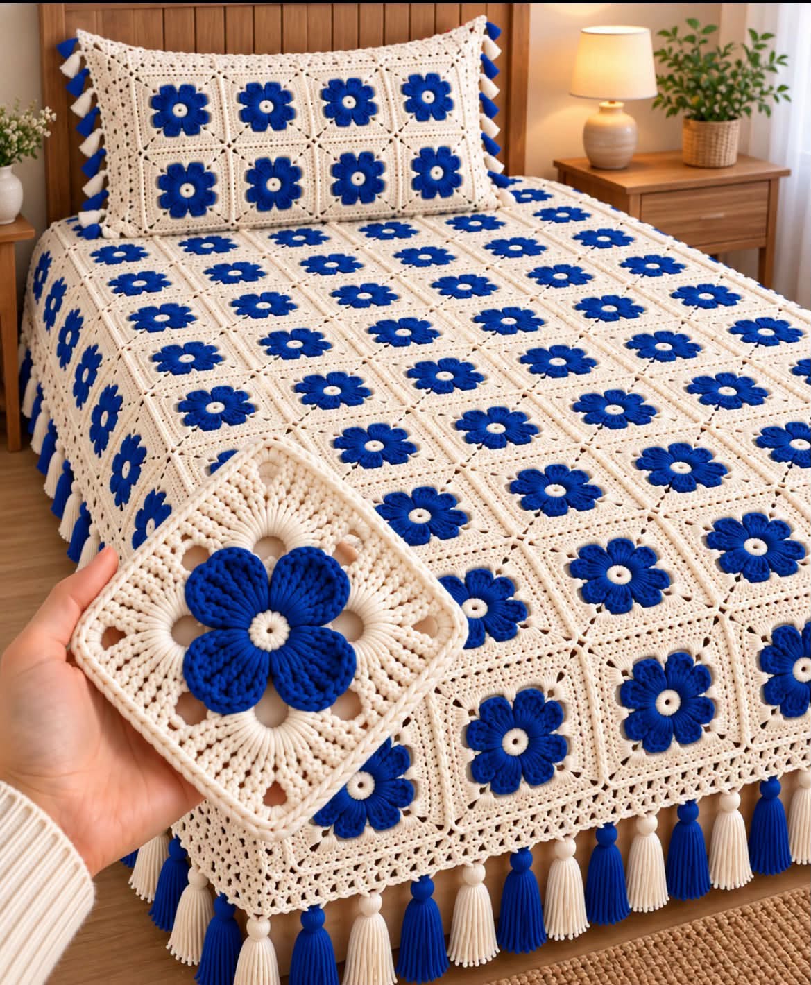Blue Flower and Ivory Bedspread in royal blue and ivory
