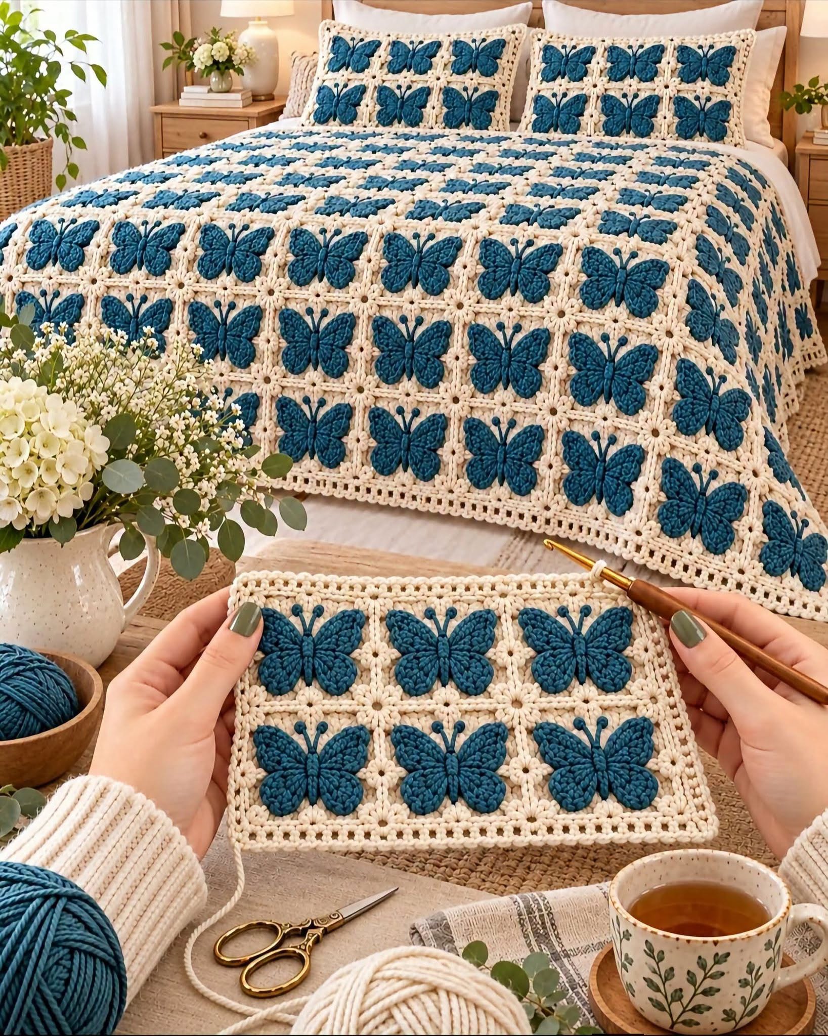 Teal Butterfly-Square Bedspread in teal and ivory