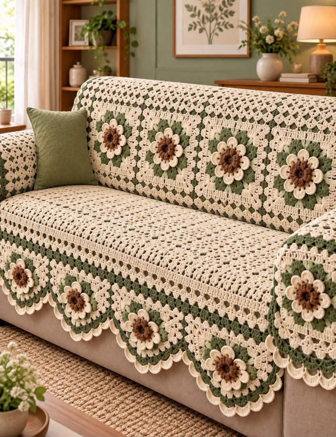 Sage Floral Sofa Cover in sage, oatmeal, cream and brown