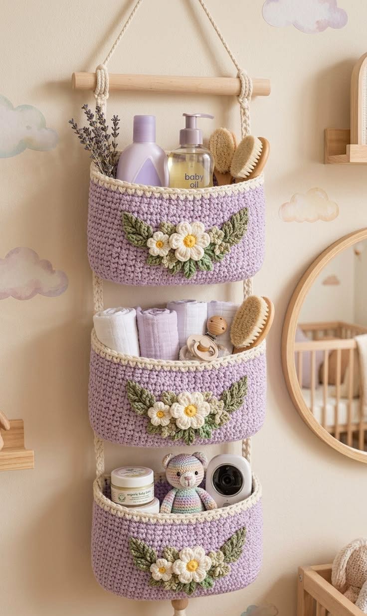 Three-Tier Daisy Hanging Organizer in lilac, ivory, gold and green