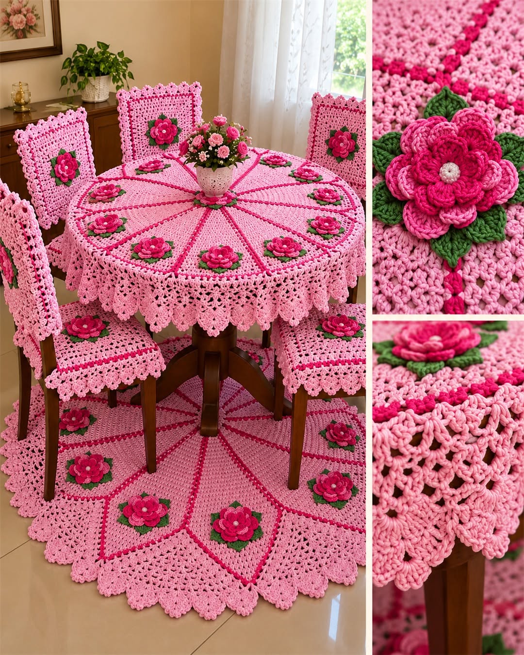 Pink Floral Dining Room Set in pink, raspberry and green