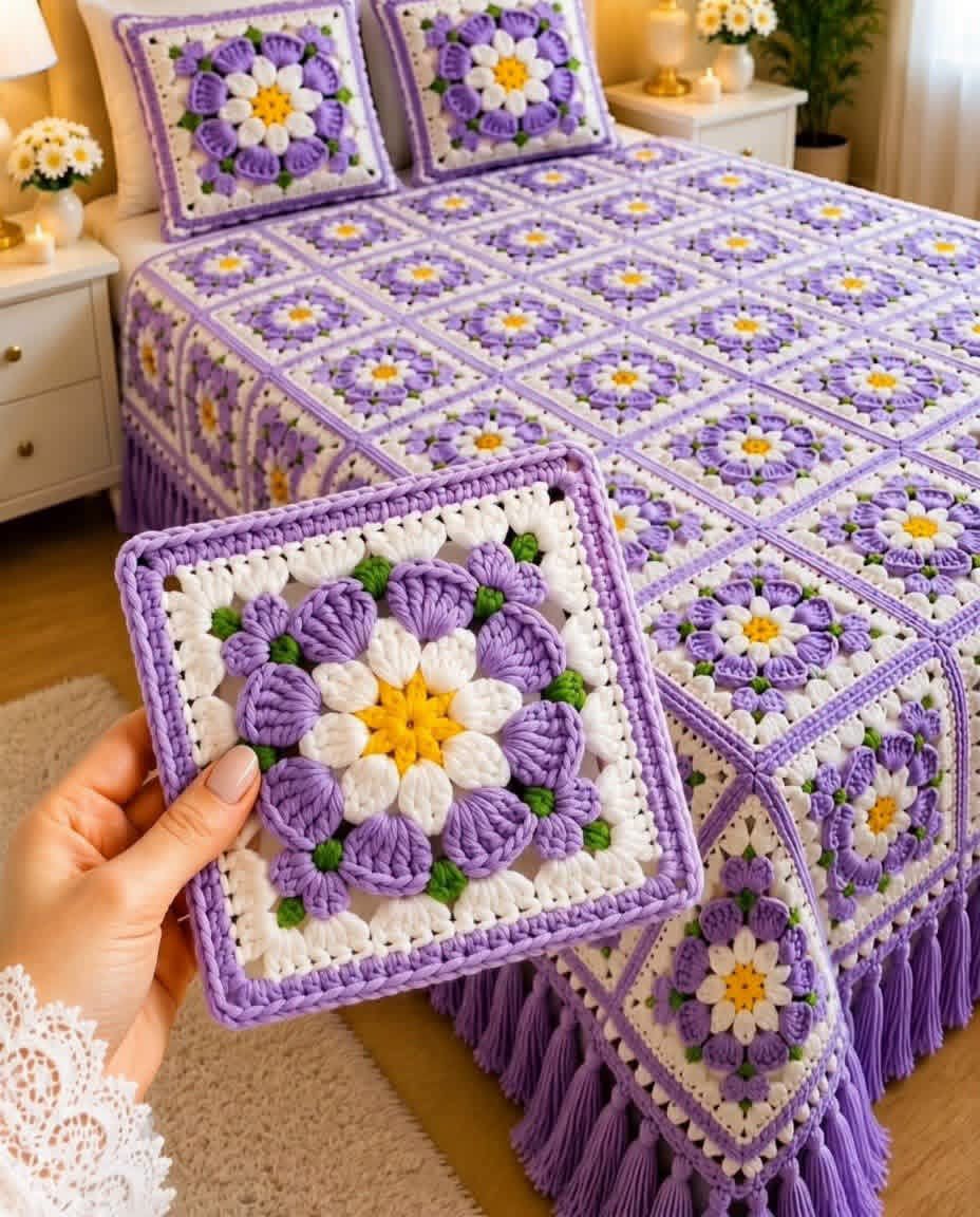 Lavender Layered-Flower Bedspread in lavender, ivory and gold