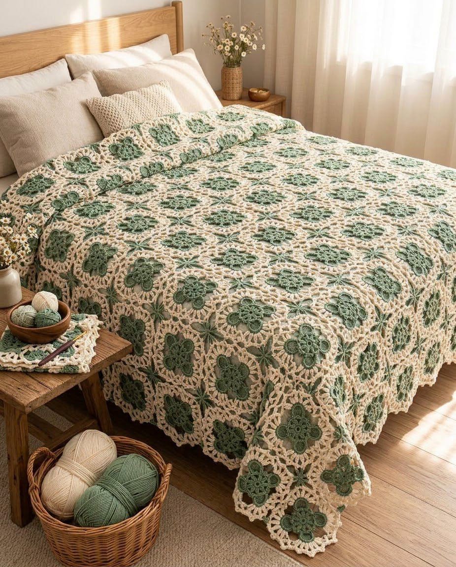 Sage Floral Lace Bedspread in sage and cream