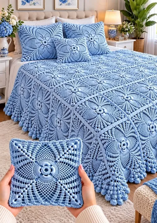 Blue Petal-Lace Bedspread in blue
