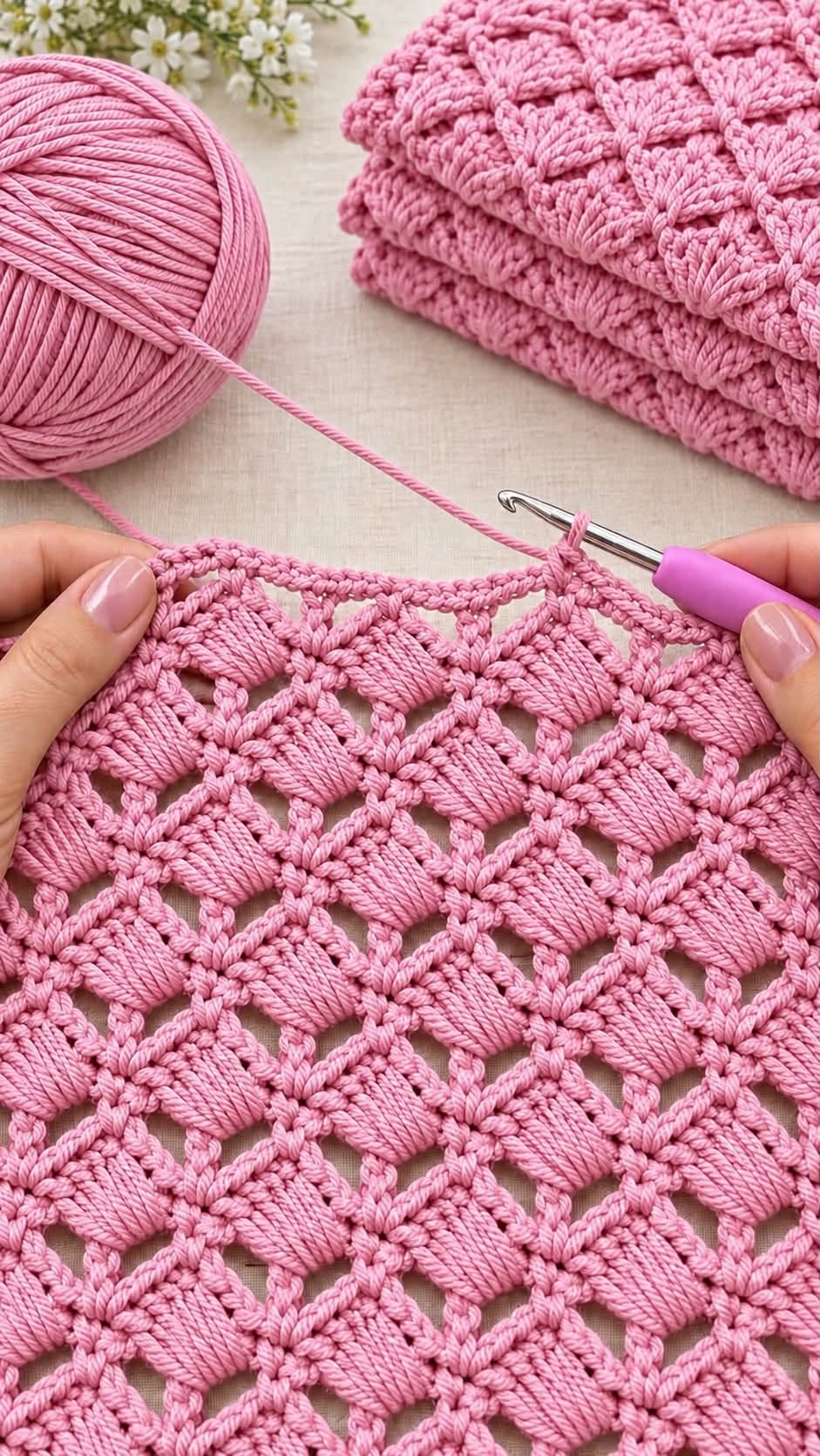 Pink Raised Shell Lace Sample in pink