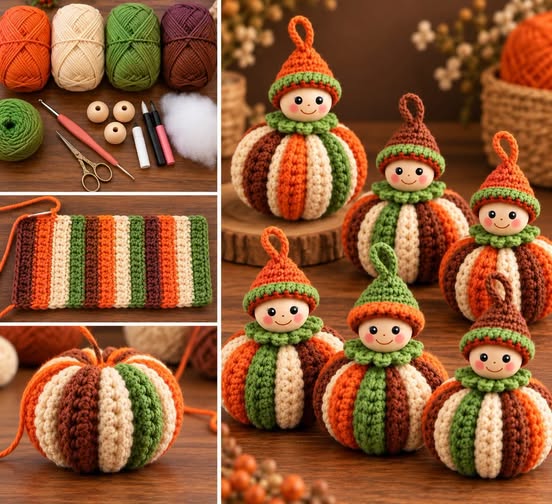Striped Pumpkin Gnome Ornaments in orange, cream, olive and brown