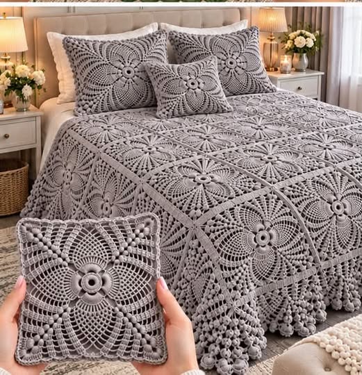 Gray Petal-Lace Bedspread in gray