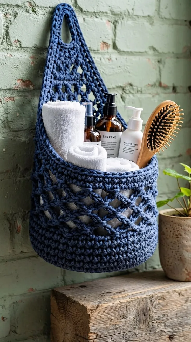 Navy Hanging Bathroom Basket in navy