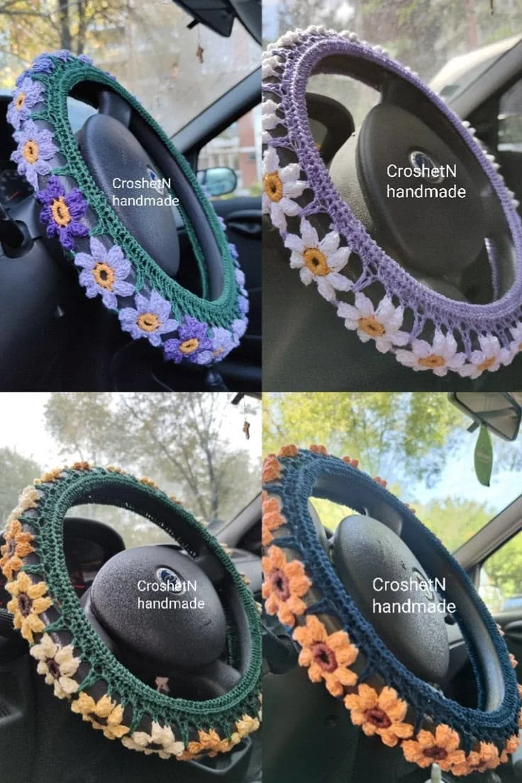 Four Floral Wheel Display Covers in blue, lavender, sage and orange
