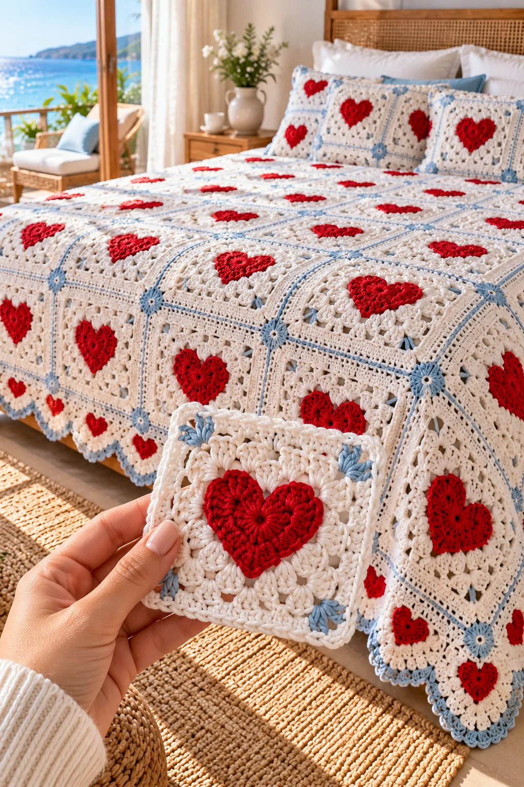 Red Heart Granny-Square Bedspread in red, ivory and pale blue